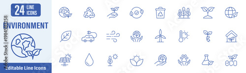 Environment line icon. Contains icons as ecology, nature, recycling, environment sustainability, green and more. Vector illustration. Editable stroke.