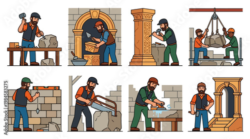 Masons working on stone construction project with various tools