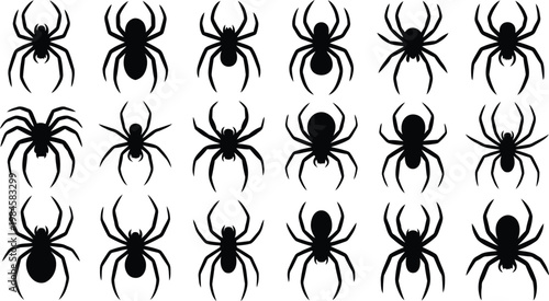 This grid showcases a collection of black spider silhouette shapes presented on a clean white field