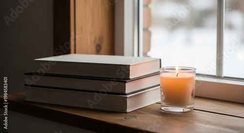 Cozy Window Nook: Books and Candlelight Still Life