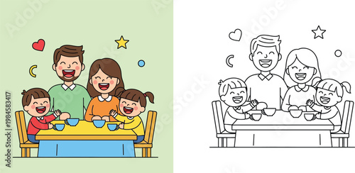 Happy Family Sitting Together at Dining Table Coloring Page for Kids with Color Example, Kawaii Parents and Children Having Breakfast Vector Illustration for Educational Activity Book