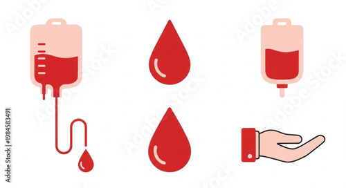 Blood donation and blood drop icons for medical purposes.