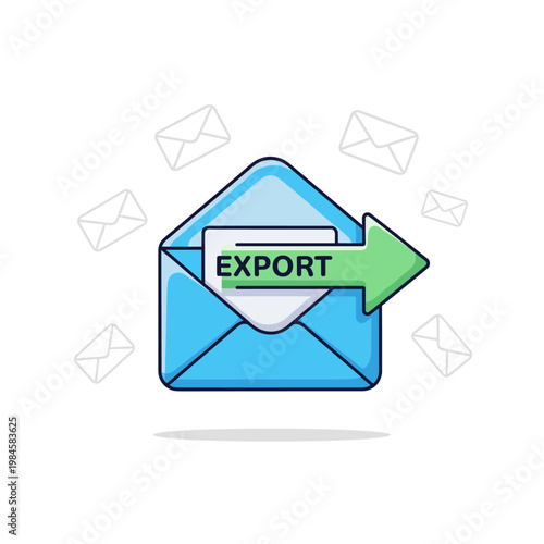 Open blue envelope with green arrow pointing out 'EXPORT' message