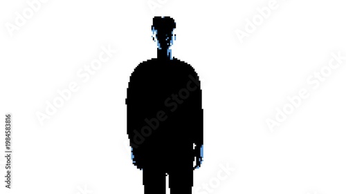 Pixelated people transitioning with zoom out effect in stop motion animation sequence. Concept of content switching, UI state change, motion assets for apps, presentations and social media videos.