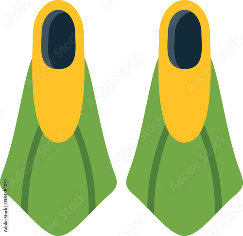Pair of green and yellow swim fins for snorkeling and scuba diving