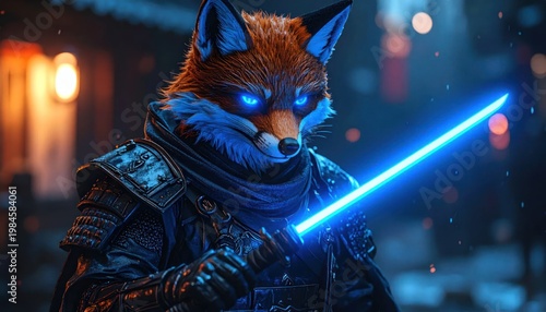 Futuristic Fox Warrior with Glowing Blue Lightsaber in Cyberpunk City.