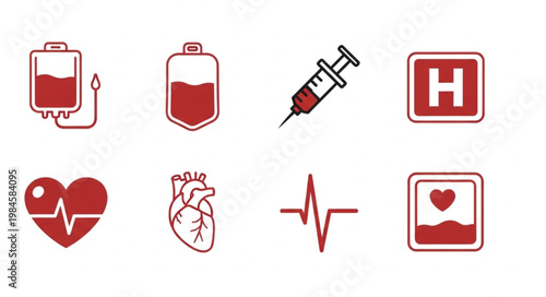 Medical icons representing blood transfusion heart health and hospital care.