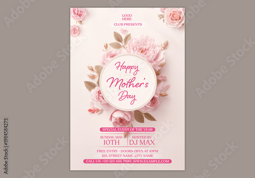 Editable Happy Mother's Day Event Invitation Template with Elegant Pink Flowers Frame and Circular Typography Label.