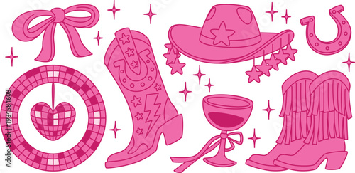 Bachelorette party icons set with disco ball and wine glasses vector
