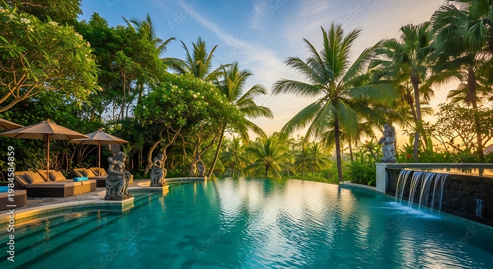 Fototapeta premium Luxurious infinity pool at a tropical resort surrounded by lush palm trees and exotic greenery under a warm sky, perfect for a relaxing vacation.
