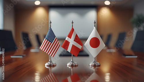 Flags of the USA and Denmark on a table in a conference room. 3D rendering