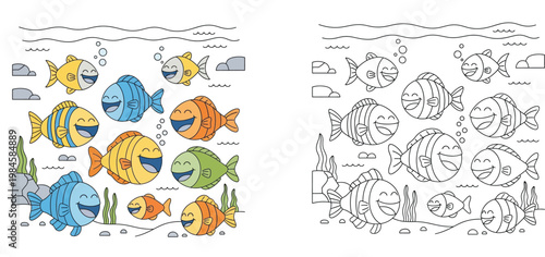 Cute Fish Underwater Coloring Page for Kids with Color Example, Kawaii Ocean Animals Vector Illustration for Children Educational Activity Book and Preschool Learning Worksheet