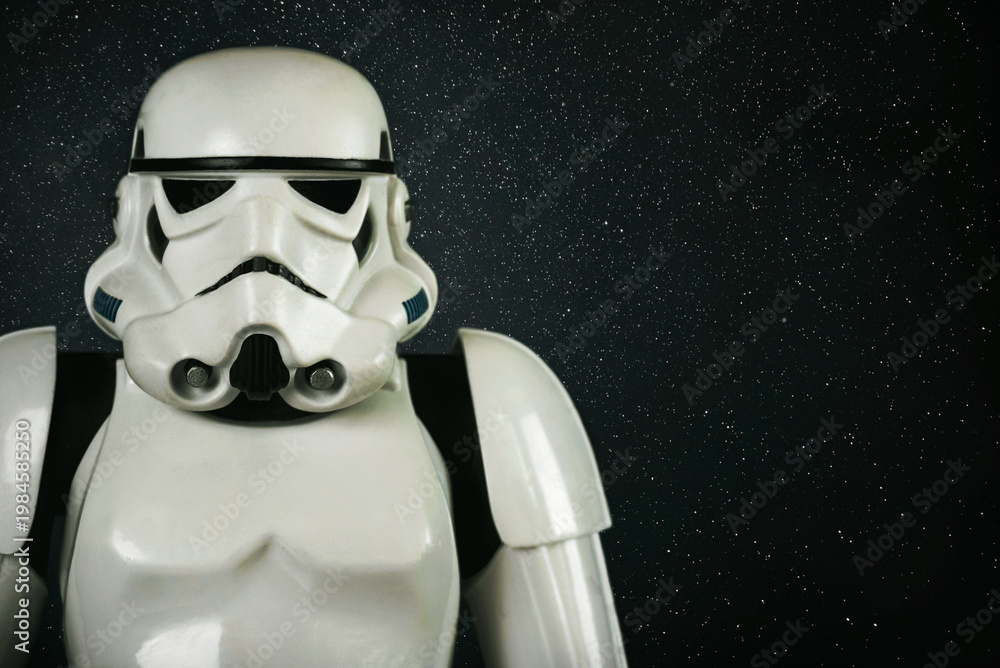 Obraz premium Closeup of Star Wars Stormtrooper action figure character from the Star Wars movie saga and space for text. Illustrative editorial