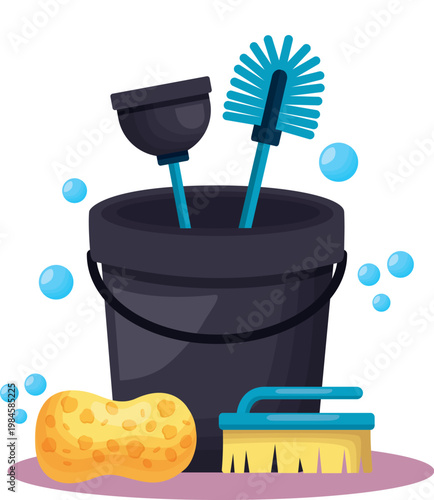 Housekeeping service tools with red bucket and soapy water vector