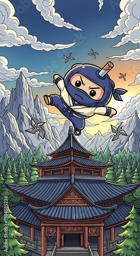 A cartoon ninja with a stern expression does a karate kick atop a traditional East Asian temple. A mountainous backdrop