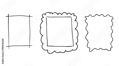 Set of 3 hand drawn doodle frames. Sketch rectangle border collection outline vector illustration isolated on white. Scrapbook, label, text box line art.