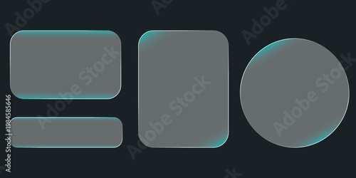 A set of glassy effect in various style shapes with green glowing edges on black background vector illustration.