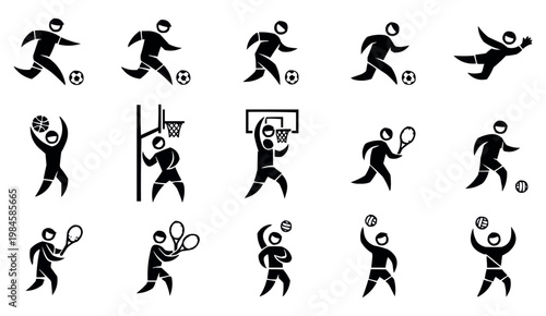 Sports icons set with 15 athlete stick figures, black silhouette sport pictograms of soccer basketball and tennis players, athletic vector elements