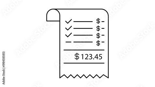Obraz na plátně Continuous register tape icon representing retail sales data or corporate expense tracking, featuring a crisp linear silhouette of a receipt roll for financial bookkeeping tools