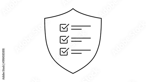 Minimalist black line vector icon illustration of a compliance checklist shield on a white background. Hand-drawn scalable SVG graphic representing security, protection, and legal standards.