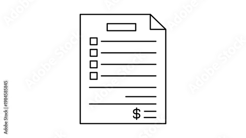 Minimalist black line vector icon illustration of an invoice paper document on a white background, featuring a clean outline design for business, finance, accounting, and billing applications.