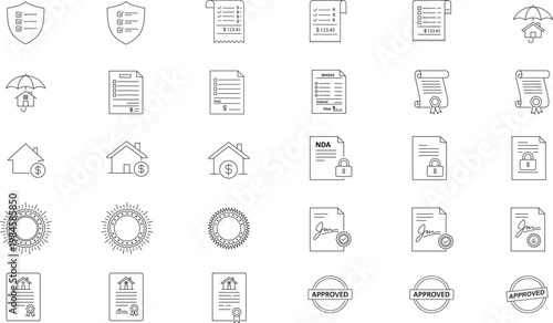 30 Minimalist Black Line Vector Icon Collection: Hand-Traced Business, Finance, and Legal Symbols including Invoice, Mortgage, Insurance, NDA, Power of Attorney, Property Deed, and Notary Stamps.