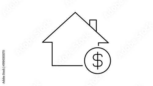 Minimalist black line vector icon illustration of a house outline with a dollar sign representing mortgage, home loan, real estate investment, and property financing on a white background.