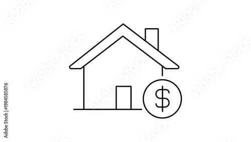 Minimalist black line vector icon illustration of a house outline with a dollar sign, representing mortgage, home loan, real estate investment, and property finance on a white background.