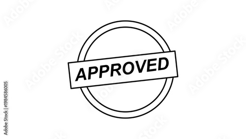 Minimalist black line vector icon of a circular approved stamp with a checkmark, hand-drawn illustration for business validation, quality assurance, certified document verification, and success.