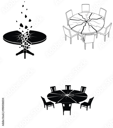 Broken round table silhouette and outline vector illustrations set with shattered wood and chairs.