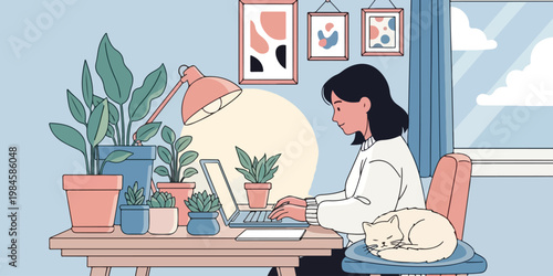 Woman Freelancer Working on Laptop at Cozy Home Office with Potted Plants