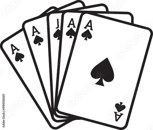 A winning poker hand with an ace of spades, four aces, and a jack, showcasing a classic combination in monochromatic style.