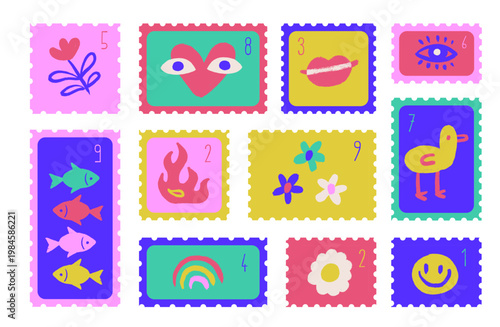 Cute quirky postage stamps set with doodle symbols. Colorful girly cartoon illustrations of smiley face, flowers, heart eyes, fish and bird. Hand drawn vector mail stickers for scrapbook, planner and