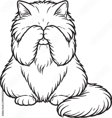 Bild auf Leinwand Ragamuffin cat hiding face line art, fluffy longhair cat playful cover face pose