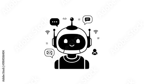 Friendly chatbot robot vector in black with AI assistant communication support and customer service concept illustration
