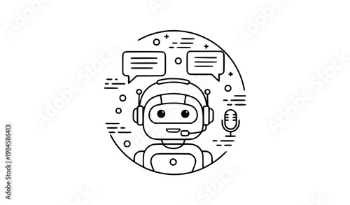 Minimal chatbot robot thin line vector with AI communication support headset and customer service outline concept