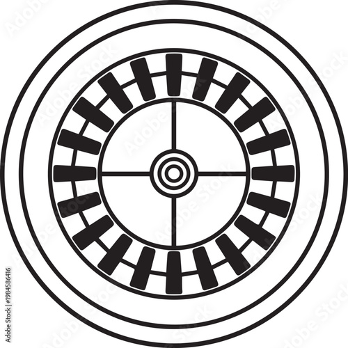 A detailed close-up of a roulette wheel, rendered in a simple black and white, offers a captivating view of a game of chance.
