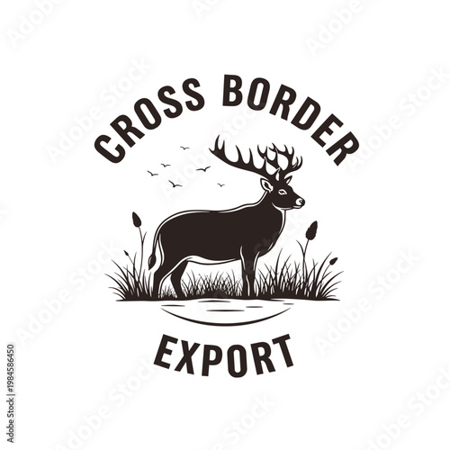 Monochrome stag and antlers standing in grass with Cross Border Export text as an emblem logo
