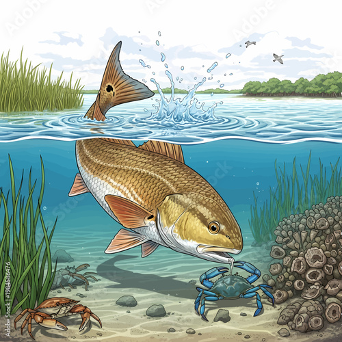 Redfish hunting blue crab in shallow water habitat vector illustration,