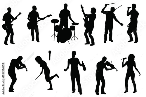 set of professional musician silhouettes, music band performers and singers isolated on white