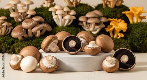 A diverse collection of mushrooms displayed on a white pedestal