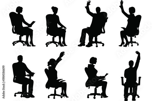 set of professional business people silhouettes sitting in office chairs, coworkers and corporate employees isolated on white