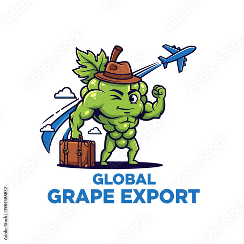 Muscular cartoon grape mascot winking, wearing a hat and holding a suitcase with an airplane flying, representing global grape export