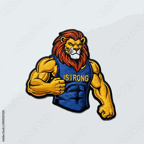 Muscular cartoon lion mascot character wearing a blue tank top with ISTRONG text