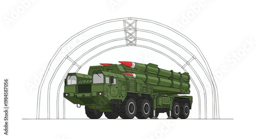 Powerful military missile launcher vehicle, a formidable transporter erector launcher, parked inside an arched shelter.