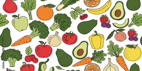 Seamless Pattern of Fresh Organic Vegetables and Healthy Fruits for Vegan Diet