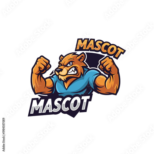 Strong bear mascot character flexing muscles in a blue shirt