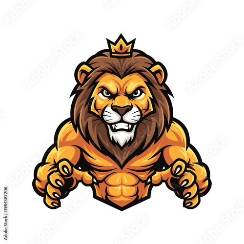 Muscular lion mascot wearing a golden crown with an aggressive expression