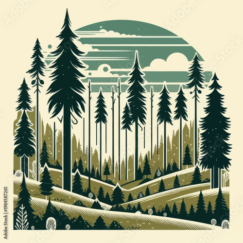 Minimalist Vintage Pine Forest Illustration with Evergreen Trees and Rolling Hills in Retro Style