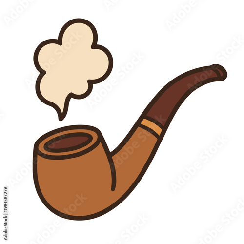 Cute Cartoon Brown Smoking Pipe with Smoke Puff for Vintage and Classic Gentleman Concept